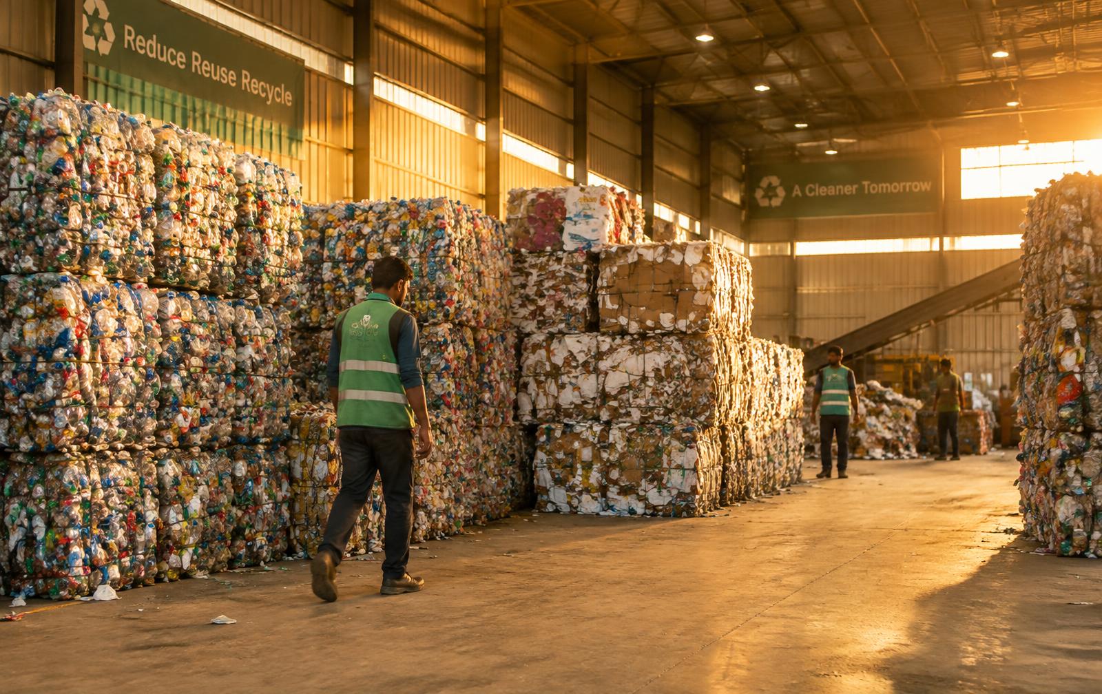 Illustration of sorted recyclable materials at a recycling facility